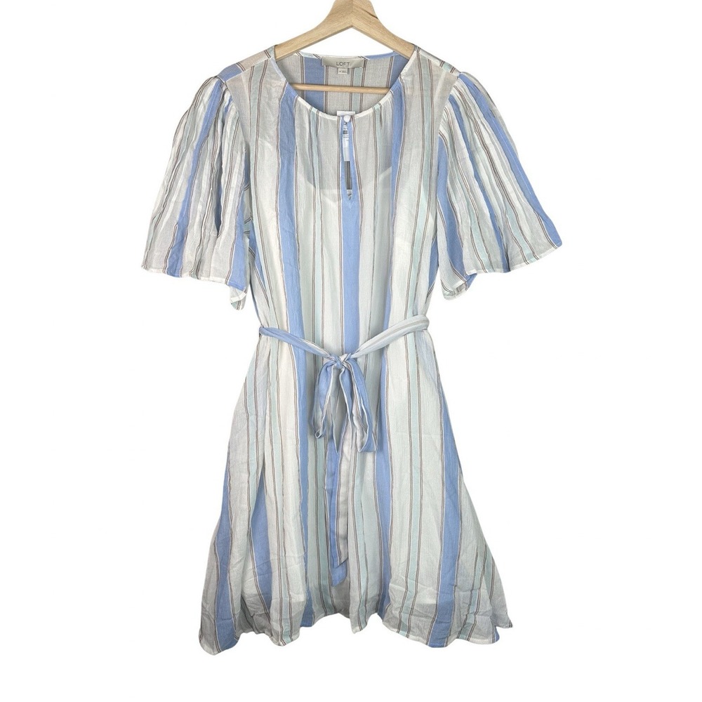 LOFT Womens Blue Off White Striped Lightweight Dress M Flutter Sleeve Belted NWT